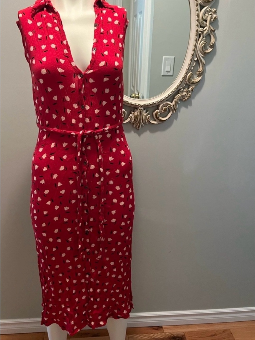 Billabong Red Sleeveless Button-Front Tie-Waist Midi Dress with White Dot Print